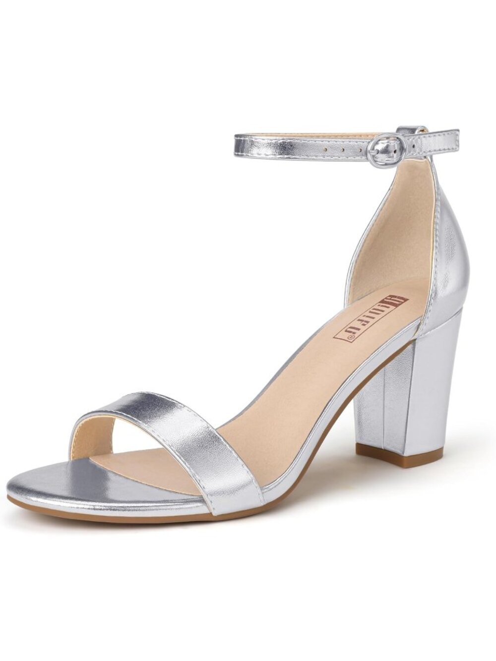 Women's Sliver Pu Adjustable Ankle Strap Open Toe Chunky Short Heel Sandals